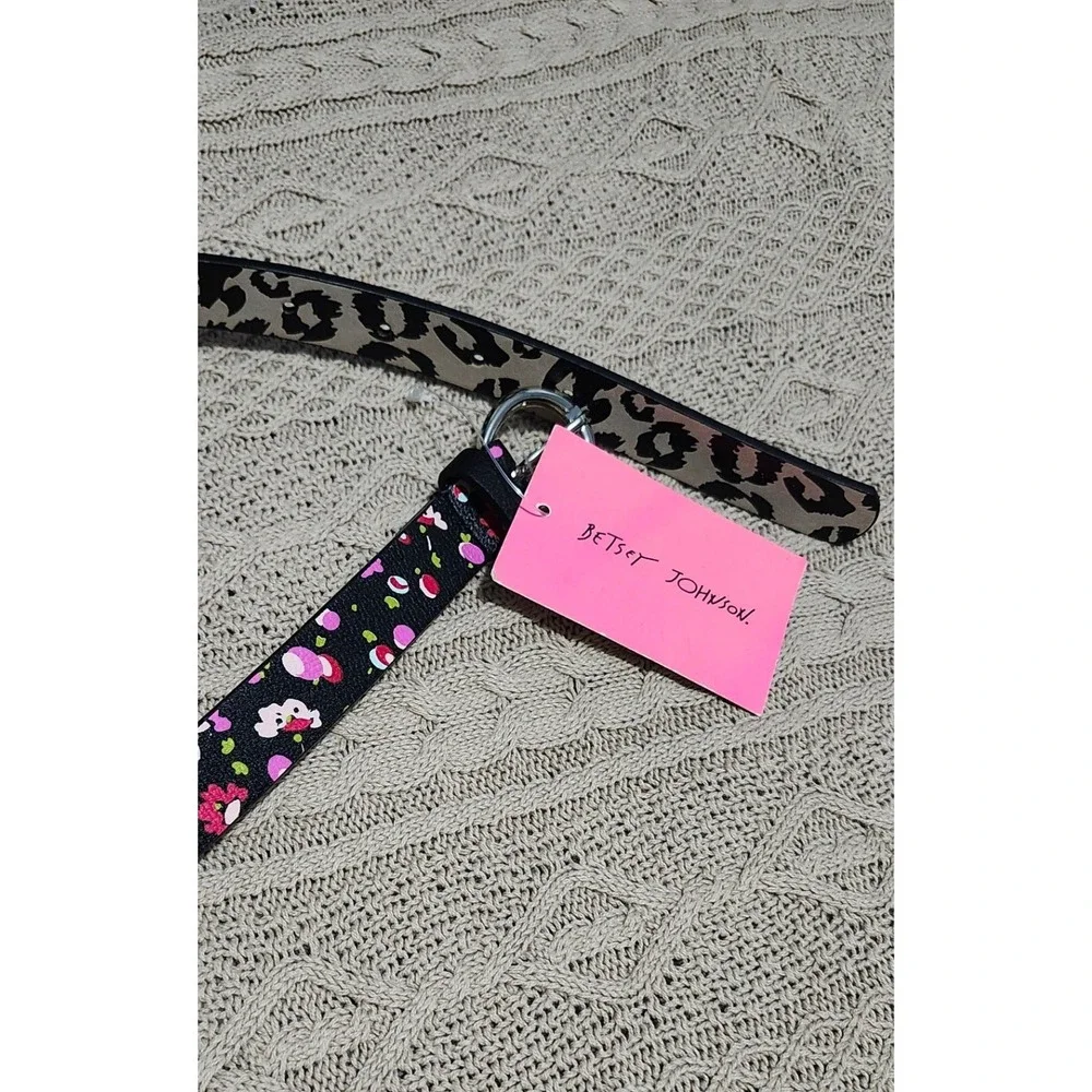 Betsey Johnson Womens Floral Leopard Reversible Skinny‎ Belt Black Pink M